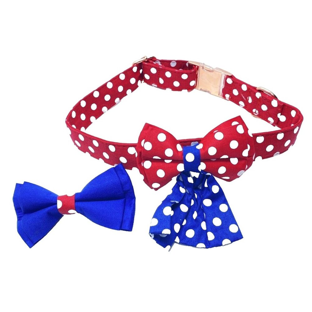 Brand New Polka Dot XL Dog Collar With Removable Bow Ties, Leash Clip Red & Blue